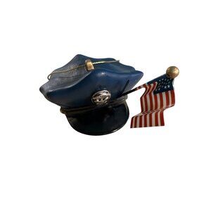 Police Hat Ornament With American Flag  and Gold Colored Hanging Loop